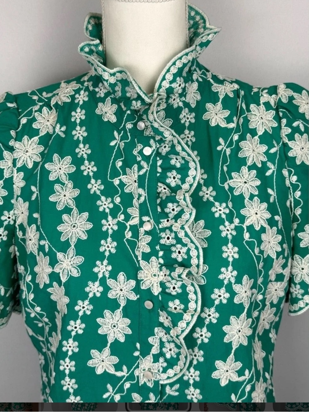 Sézane Green Dahlia Blouse Ecru Embroidery Short Sleeve Ruffle Med French 38/US6 - Picture 5 of 11